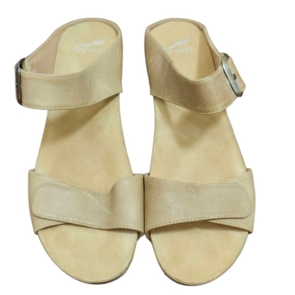 Dansko Size 42 Leather Wedge Sandals Nude Beige Comfort Slip On Adjustable Strap - Picture 3 of 14